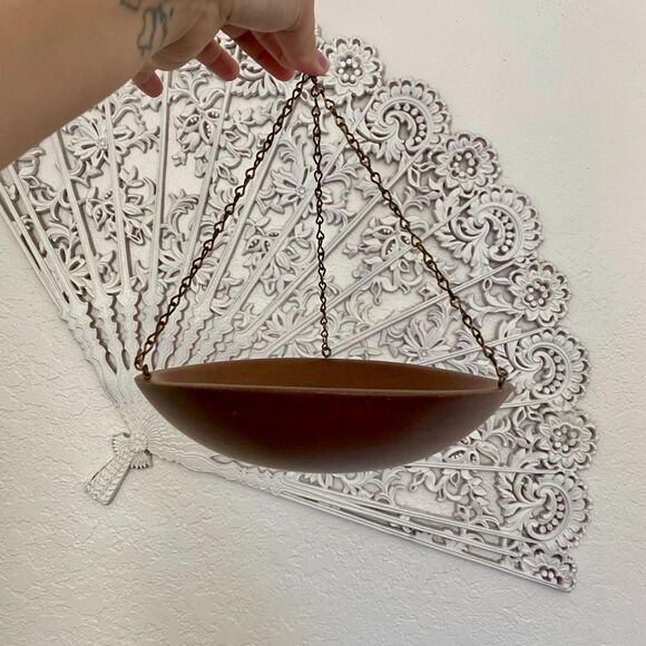 Set of 2 MCM Dark Wood Ceiling Hanging Basins Bowls Bird Bath / Planters - Picture 2 of 5